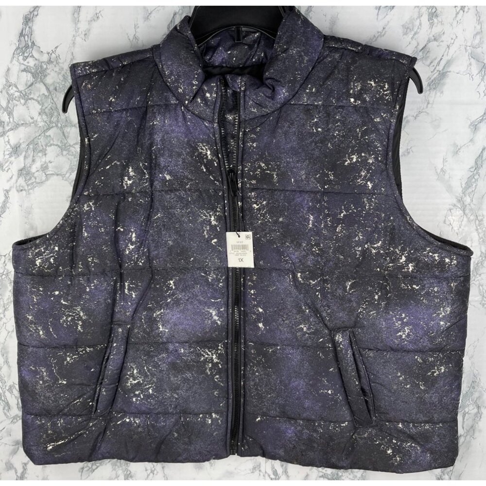ID Ideology Womens Puffer Vest 1X Deep Black, purple with Speckle foil design - Picture 1 of 9